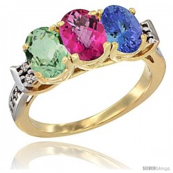 10K Yellow Gold Natural Green Amethyst, Pink Topaz & Tanzanite Ring 3-Stone Oval 7x5 mm Diamond Accent