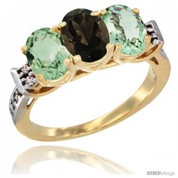 10K Yellow Gold Natural Smoky Topaz & Green Amethyst Sides Ring 3-Stone Oval 7x5 mm Diamond Accent