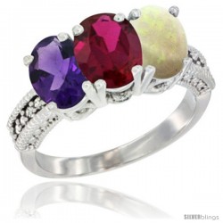 14K White Gold Natural Amethyst, Ruby & Opal Ring 3-Stone 7x5 mm Oval Diamond Accent