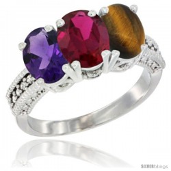 14K White Gold Natural Amethyst, Ruby & Tiger Eye Ring 3-Stone 7x5 mm Oval Diamond Accent