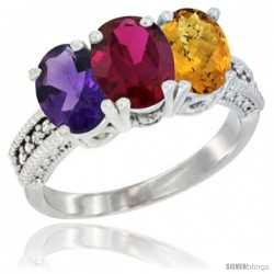 14K White Gold Natural Amethyst, Ruby & Whisky Quartz Ring 3-Stone 7x5 mm Oval Diamond Accent