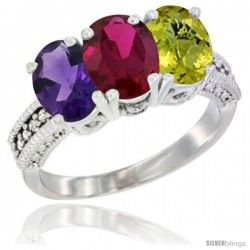 14K White Gold Natural Amethyst, Ruby & Lemon Quartz Ring 3-Stone 7x5 mm Oval Diamond Accent