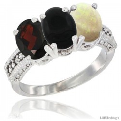 14K White Gold Natural Garnet, Black Onyx & Opal Ring 3-Stone 7x5 mm Oval Diamond Accent