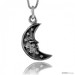 Sterling Silver Crescent Moon w/ Tiny Stars Pendant, 1 in tall