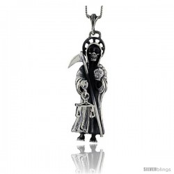 Sterling Silver Large Grim Reaper / Skull w/ Scythe Pendant, 2 5/8 in tall