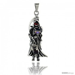 Sterling Silver Santa Muerte Pendant Red Cubic Zirconia eyes, 62mm tall