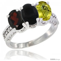 14K White Gold Natural Garnet, Black Onyx & Lemon Quartz Ring 3-Stone 7x5 mm Oval Diamond Accent