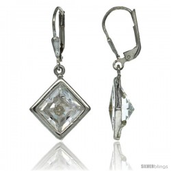 Sterling Silver 9mm Square CZ Lever Back Earrings 1 5/16 in. (33 mm) tall