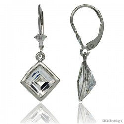 Sterling Silver 7mm Square CZ Lever Back Earrings 1 3/16 in. (30 mm) tall