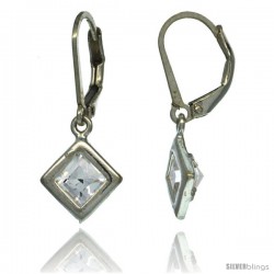 Sterling Silver 5mm Square CZ Lever Back Earrings 1 1/16 in. (27 mm) tall