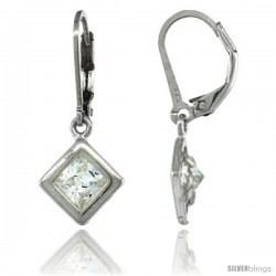 Sterling Silver 6mm Square CZ Lever Back Earrings 1 1/16 in. (27 mm) tall