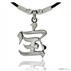Sterling Silver Chinese Character Pendant for "WEALTH", 1 1/4" (32 mm) tall, w/ 18" Rubber Cord Necklace