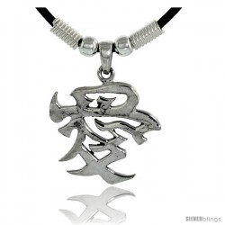 Sterling Silver Chinese Character Pendant for "LOVE", 1 1/8" (29 mm) tall, w/ 18" Rubber Cord Necklace