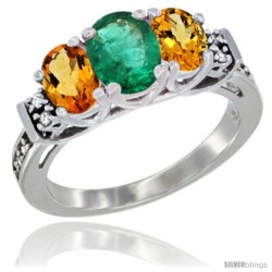 14K White Gold Natural Emerald & Citrine Ring 3-Stone Oval with Diamond Accent