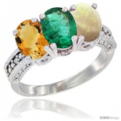 14K White Gold Natural Citrine, Emerald & Opal Ring 3-Stone 7x5 mm Oval Diamond Accent