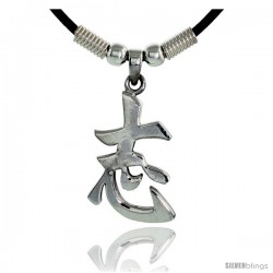 Sterling Silver Chinese Character Pendant for "DETERMINATION", 1 5/16" (33 mm) tall, w/ 18" Rubber Cord Necklace