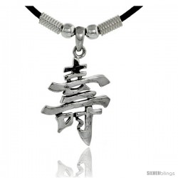 Sterling Silver Chinese Character Pendant for "GOOD LUCK", 15/16" (24 mm) tall, w/ 18" Rubber Cord Necklace