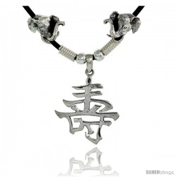 Sterling Silver Chinese Character Pendant for "LONG LIFE", 1 5/16" (33 mm) tall, w/ Good Luck Elephant Heads & 18" Rubber Cord