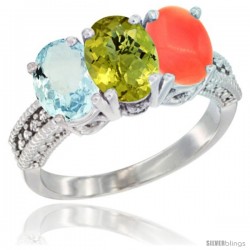 10K White Gold Natural Aquamarine, Lemon Quartz & Coral Ring 3-Stone Oval 7x5 mm Diamond Accent