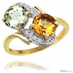 14k Gold ( 7 mm ) Double Stone Engagement Green Amethyst & Citrine Ring w/ 0.05 Carat Brilliant Cut Diamonds & 2.34 Carats