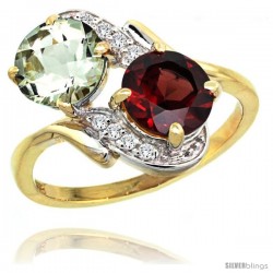 14k Gold ( 7 mm ) Double Stone Engagement Green Amethyst & Garnet Ring w/ 0.05 Carat Brilliant Cut Diamonds & 2.34 Carats Round