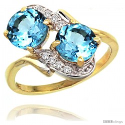 14k Gold ( 7 mm ) Double Stone Engagement Swiss Blue Topaz Ring w/ 0.05 Carat Brilliant Cut Diamonds & 2.34 Carats Round