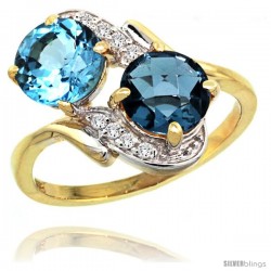 14k Gold ( 7 mm ) Double Stone Engagement Swiss & London Blue Topaz Ring w/ 0.05 Carat Brilliant Cut Diamonds & 2.34 Carats