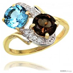 14k Gold ( 7 mm ) Double Stone Engagement Swiss Blue & Smoky Topaz Ring w/ 0.05 Carat Brilliant Cut Diamonds & 2.34 Carats