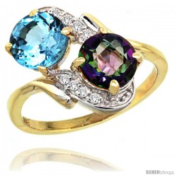 14k Gold ( 7 mm ) Double Stone Engagement Swiss Blue & Mystic Topaz Ring w/ 0.05 Carat Brilliant Cut Diamonds & 2.34 Carats