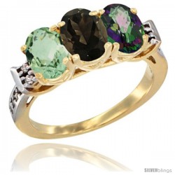 10K Yellow Gold Natural Green Amethyst, Smoky Topaz & Mystic Topaz Ring 3-Stone Oval 7x5 mm Diamond Accent