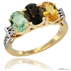 10K Yellow Gold Natural Green Amethyst, Smoky Topaz & Citrine Ring 3-Stone Oval 7x5 mm Diamond Accent