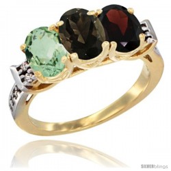 10K Yellow Gold Natural Green Amethyst, Smoky Topaz & Garnet Ring 3-Stone Oval 7x5 mm Diamond Accent