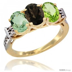 10K Yellow Gold Natural Green Amethyst, Smoky Topaz & Peridot Ring 3-Stone Oval 7x5 mm Diamond Accent