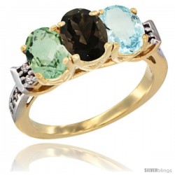 10K Yellow Gold Natural Green Amethyst, Smoky Topaz & Aquamarine Ring 3-Stone Oval 7x5 mm Diamond Accent