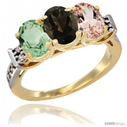 10K Yellow Gold Natural Green Amethyst, Smoky Topaz & Morganite Ring 3-Stone Oval 7x5 mm Diamond Accent