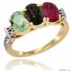 10K Yellow Gold Natural Green Amethyst, Smoky Topaz & Ruby Ring 3-Stone Oval 7x5 mm Diamond Accent