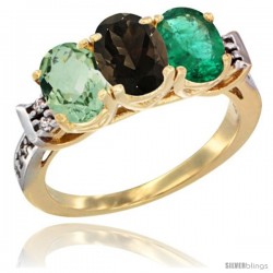 10K Yellow Gold Natural Green Amethyst, Smoky Topaz & Emerald Ring 3-Stone Oval 7x5 mm Diamond Accent