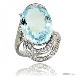 14k White Gold Natural Aquamarine Ring 16x12 mm Oval Shape Diamond Halo, 1 in