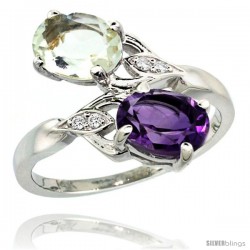 14k White Gold ( 8x6 mm ) Double Stone Engagement Purple & Green Amethyst Ring w/ 0.04 Carat Brilliant Cut Diamonds & 2.34