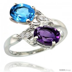 14k White Gold ( 8x6 mm ) Double Stone Engagement Amethyst & Swiss Blue Topaz Ring w/ 0.04 Carat Brilliant Cut Diamonds & 2.34