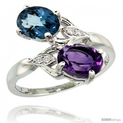 14k White Gold ( 8x6 mm ) Double Stone Engagement Amethyst & London Blue Topaz Ring w/ 0.04 Carat Brilliant Cut Diamonds & 2.34