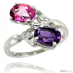 14k White Gold ( 8x6 mm ) Double Stone Engagement Amethyst & Pink Topaz Ring w/ 0.04 Carat Brilliant Cut Diamonds & 2.34 Carats