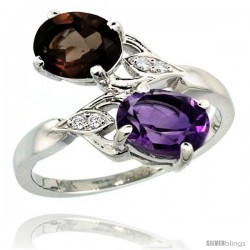 14k White Gold ( 8x6 mm ) Double Stone Engagement Amethyst & Smoky Topaz Ring w/ 0.04 Carat Brilliant Cut Diamonds & 2.34