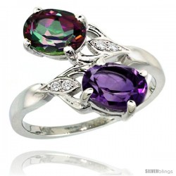 14k White Gold ( 8x6 mm ) Double Stone Engagement Amethyst & Mystic Topaz Ring w/ 0.04 Carat Brilliant Cut Diamonds & 2.34