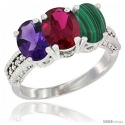 14K White Gold Natural Amethyst, Ruby & Malachite Ring 3-Stone 7x5 mm Oval Diamond Accent