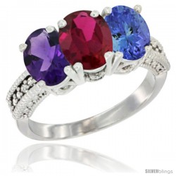 14K White Gold Natural Amethyst, Ruby & Tanzanite Ring 3-Stone 7x5 mm Oval Diamond Accent