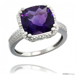 14k White Gold Diamond Amethyst Ring 5.94 ct Checkerboard Cushion 11 mm Stone 1/2 in wide