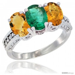 14K White Gold Natural Citrine, Emerald & Whisky Quartz Ring 3-Stone 7x5 mm Oval Diamond Accent