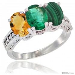 14K White Gold Natural Citrine, Emerald & Malachite Ring 3-Stone 7x5 mm Oval Diamond Accent