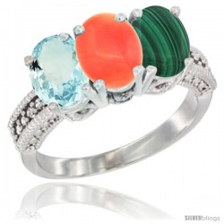 10K White Gold Natural Aquamarine, Coral & Malachite Ring 3-Stone Oval 7x5 mm Diamond Accent